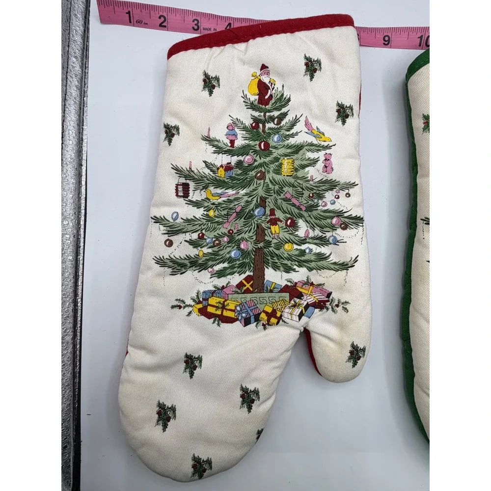 Spode‎ Christmas Tree Oven Mitts Set 2 Vintage 1990s Holiday Quilted Red Green